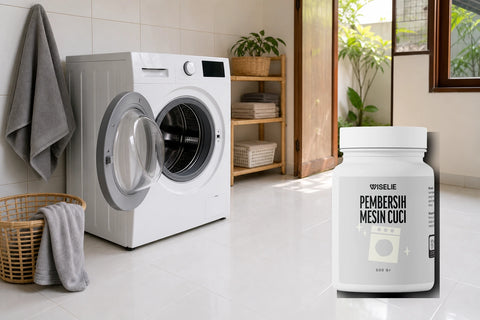 Wiselie Pembersih Mesin Cuci di ruang laundry dengan mesin cuci bukaan depan yang sedang dibersihkan