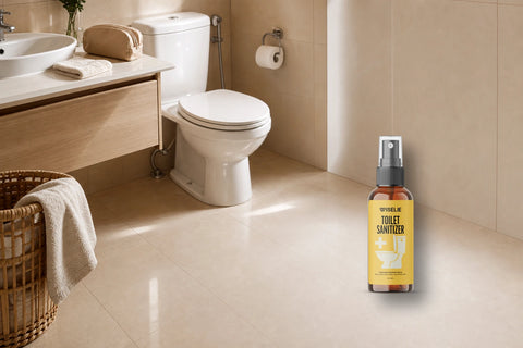 Kamar mandi bersih dengan toilet tertutup dan packshot Wiselie Toilet Spray untuk membantu menyegarkan area toilet setelah digunakan