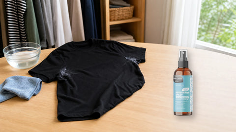 Baju hitam dengan bekas putih deodoran di meja laundry dan packshot Wiselie Deodorant untuk rutinitas segar sesuai label