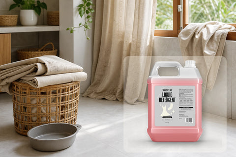 Gorden berdebu di area laundry dengan packshot Wiselie Liquid Detergent untuk membantu mencuci kain gorden yang bau apek