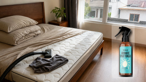 Bantal dan kasur yang sedang dirapikan dengan packshot Wiselie Anti Tungau untuk membantu perawatan area tidur