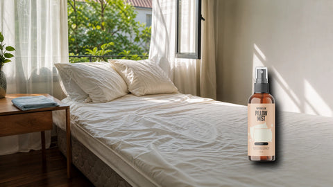 Kasur kamar tidur yang sedang diangin-anginkan dengan packshot Wiselie Pillow Mist untuk sentuhan akhir pada linen sesuai label