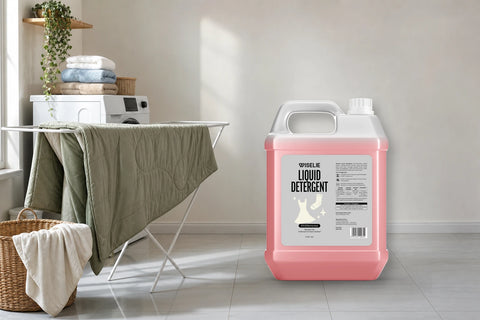 Ruang laundry terang dengan selimut tebal di jemuran dan packshot Wiselie Liquid Detergent Joyful Red untuk rutinitas mencuci selimut agar tidak bau apek