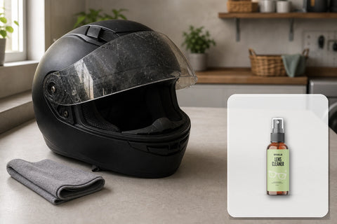 Visor helm buram dengan noda air dan sidik jari serta packshot Wiselie Lens Cleaner sebagai bantuan pembersih sesuai label