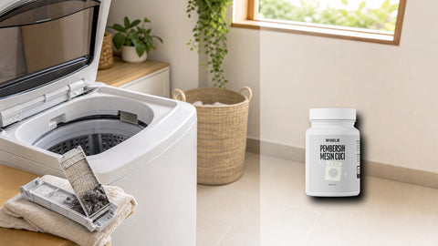 Filter mesin cuci penuh serat di ruang laundry dengan packshot Wiselie Pembersih Mesin Cuci sebagai bantuan perawatan tabung sesuai label