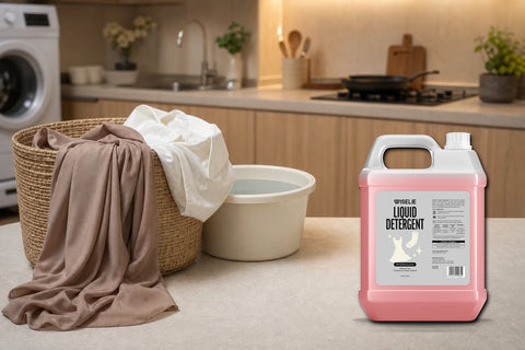 Jilbab dan pakaian di area cuci rumah dengan packshot Wiselie Liquid Detergent Joyful Red untuk membantu rutinitas mencuci sesuai label