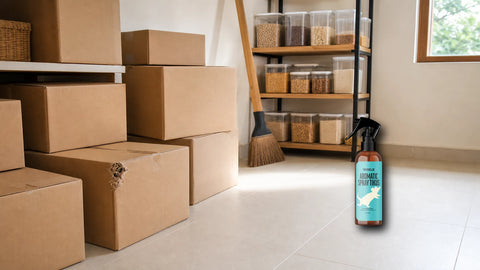 Sudut gudang rumah dengan kardus tersusun dan packshot Wiselie Anti Tikus untuk membantu rutinitas mengusir tikus sesuai petunjuk label