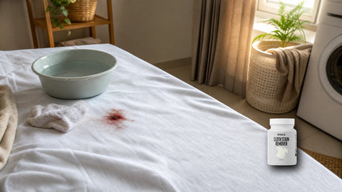Sprei putih dengan noda darah kecil di area laundry rumah dan packshot Wiselie Cloth Stain Remover untuk perawatan noda sebelum dicuci