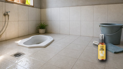 Kloset jongkok dan lantai kamar mandi bersih dengan packshot Wiselie Toilet Spray untuk membantu rutinitas menyegarkan area toilet sesuai label