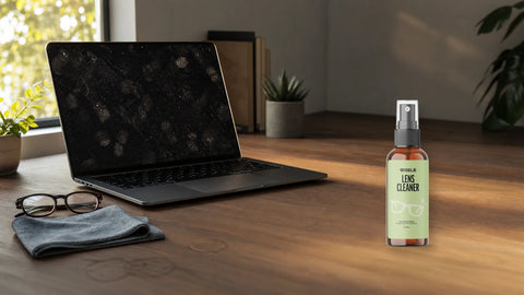 Meja kerja dengan layar laptop berminyak dan packshot Wiselie Lens Cleaner