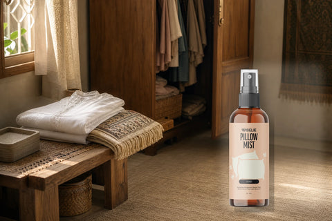 Mukena putih terlipat dekat lemari dengan packshot Wiselie Pillow Mist untuk membantu menyegarkan kain setelah dicuci dan dikeringkan