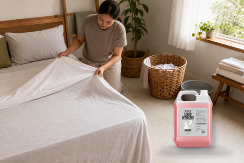 Sprei kena ompol di area kamar dan packshot Wiselie Liquid Detergent Joyful Red untuk rutinitas mencuci sesuai petunjuk label