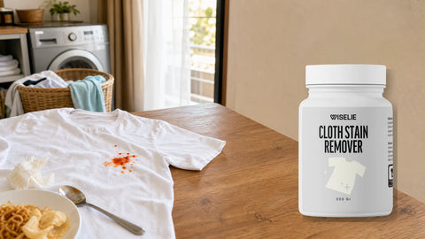 Baju putih terkena noda saus sambal di meja makan dengan packshot Wiselie Cloth Stain Remover untuk tahap pra-cuci sesuai label