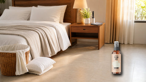 Topper kasur dan kamar tidur yang sedang dianginkan dengan packshot Wiselie Pillow Mist untuk membantu memberi aroma segar setelah kain kering