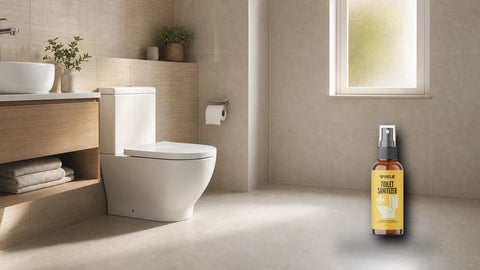 Kamar mandi bersih dengan packshot Wiselie Toilet Spray untuk membantu menjaga dudukan toilet tetap segar sesuai petunjuk label