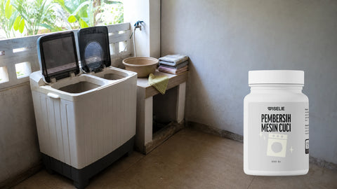 Area laundry dengan mesin cuci dua tabung dan packshot Wiselie Pembersih Mesin Cuci untuk rutinitas perawatan mesin