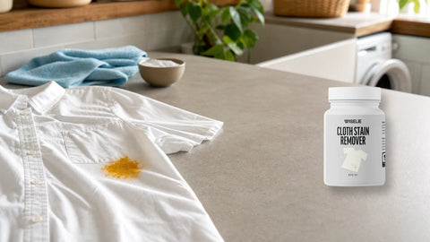 Baju putih terkena noda kunyit di meja laundry dengan packshot Wiselie Cloth Stain Remover sebagai produk perawatan noda pakaian